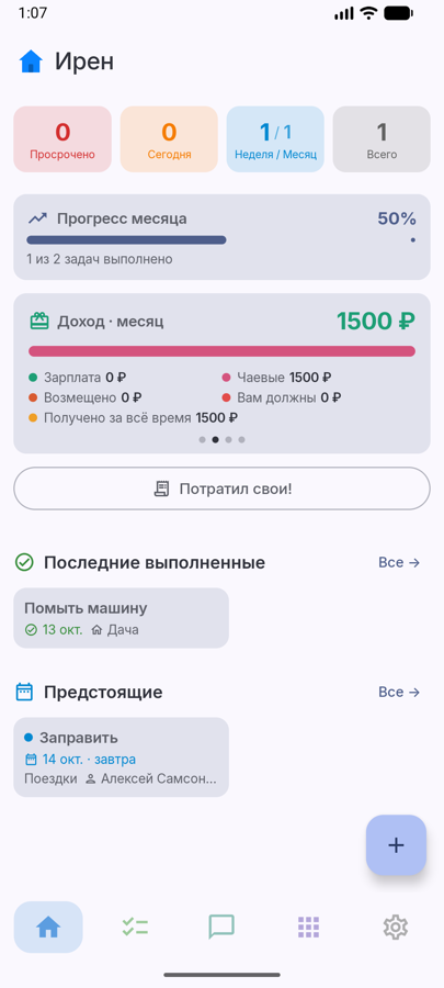 Доход и кнопка Потратил свои